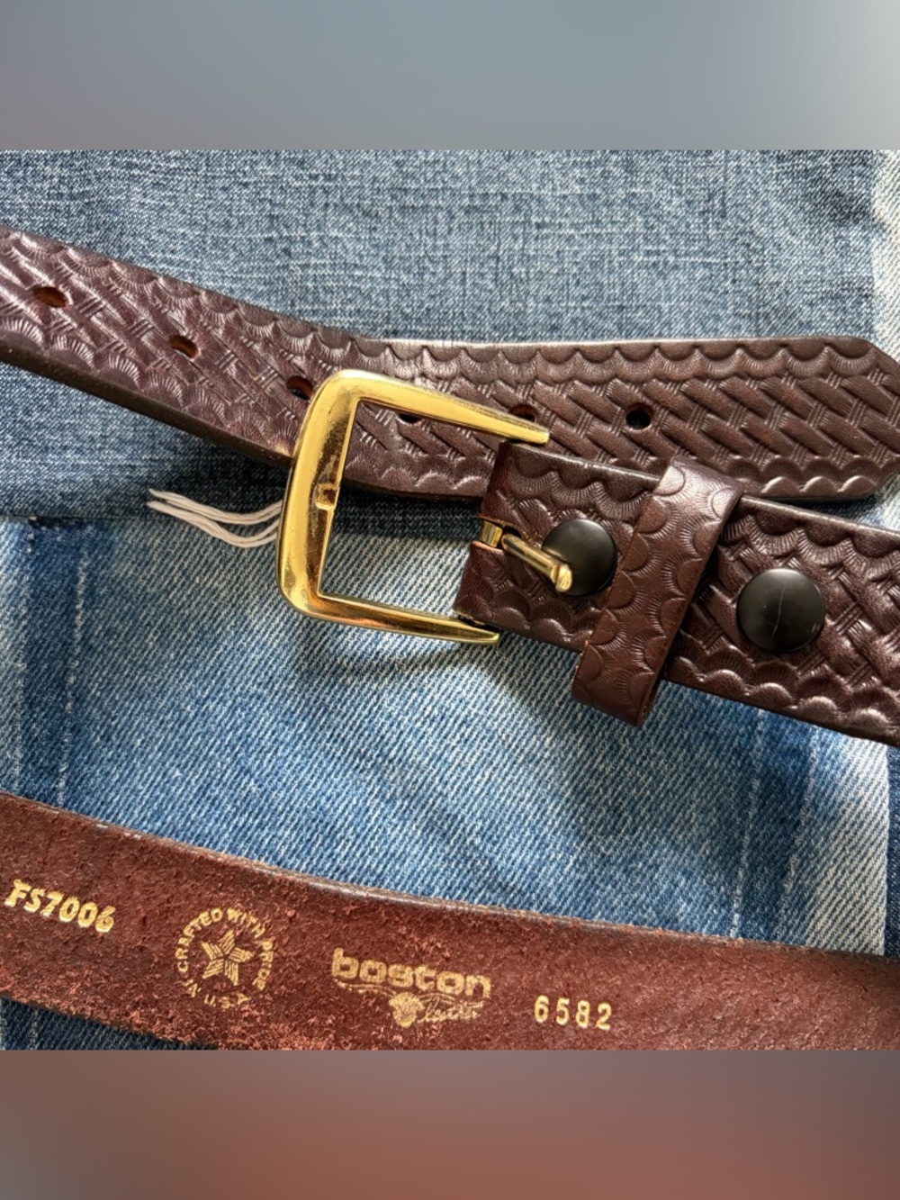 Boston Leather Brown Leather Belt Stamped Made in USA Gold Toned Buckle